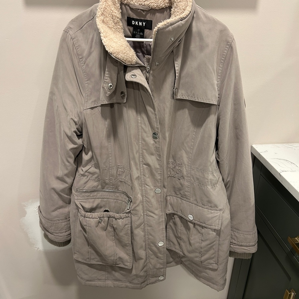 DKNY Women's Tan Utility Jacket with Cream Collar